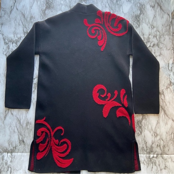 Chicos Open Front Long Cardigan Scroll Print Black Red Size 0 S - Picture 4 of 16